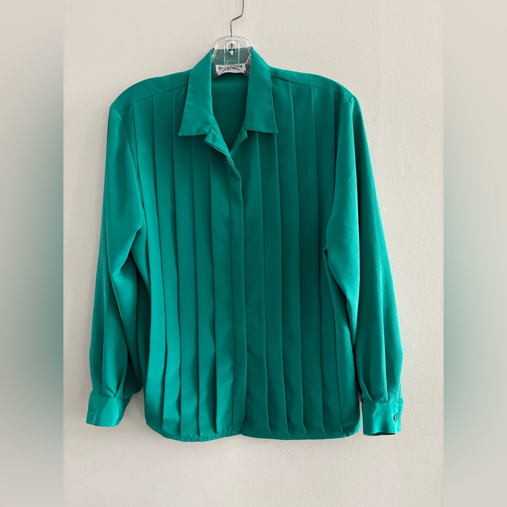 Franck Olivier Paris Hong Kong Vintage Teal Long Sleeve Button-Up Pleated Blouse